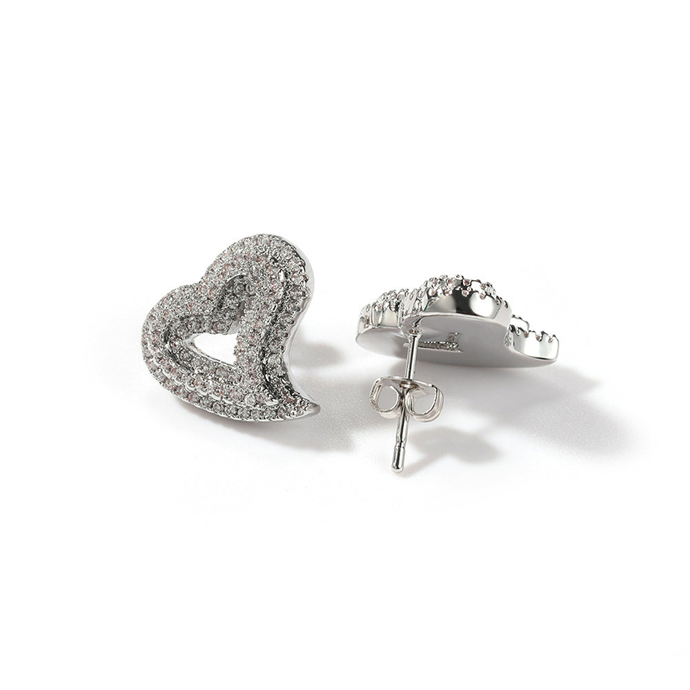 Iced Out Full CZ Hollow Heart Stud Earrings