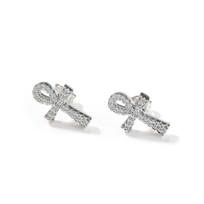 Iced Micropaved CZ Ankh Cross Stud Earrings