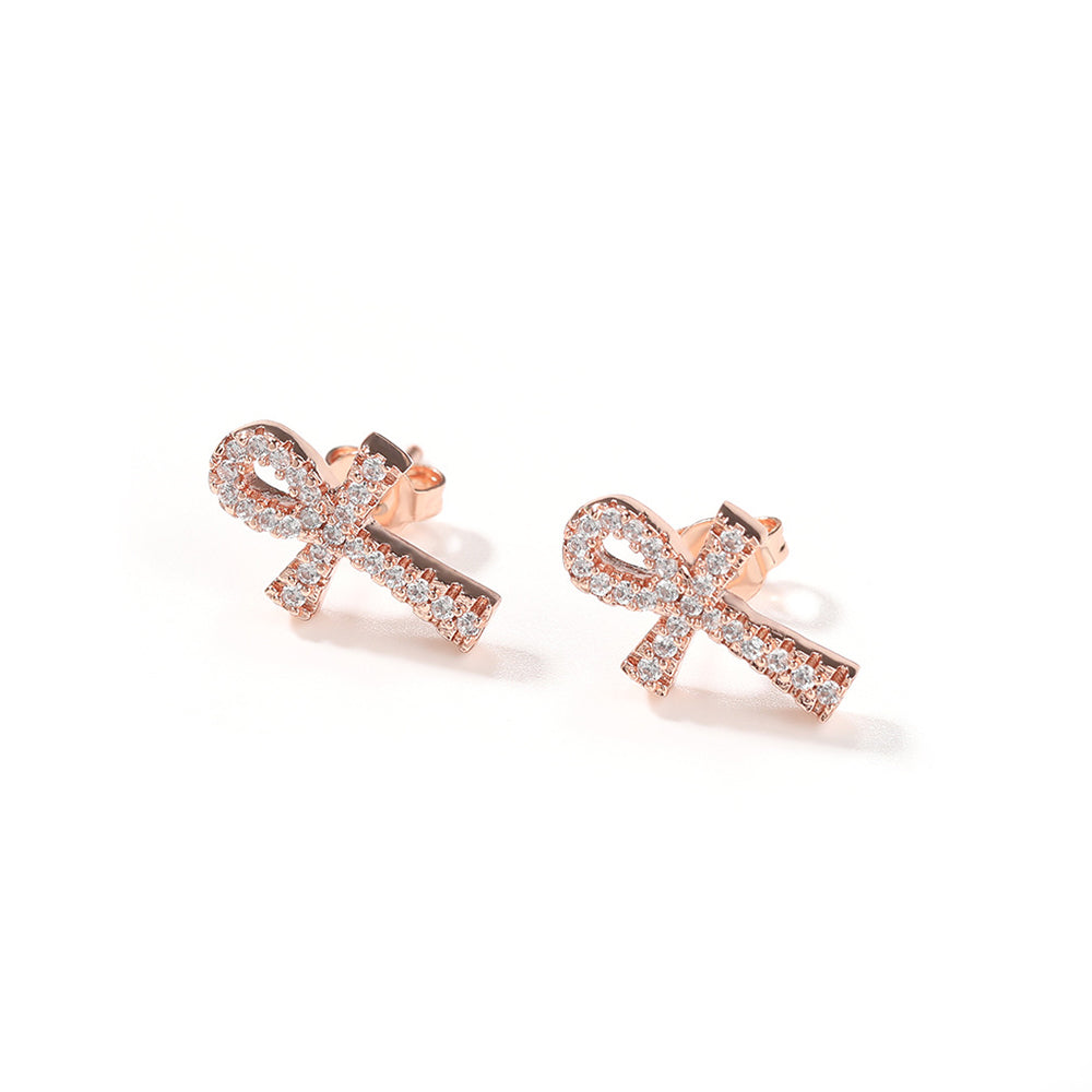 Iced Micropaved CZ Ankh Cross Stud Earrings