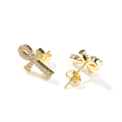 Iced Micropaved CZ Ankh Cross Stud Earrings