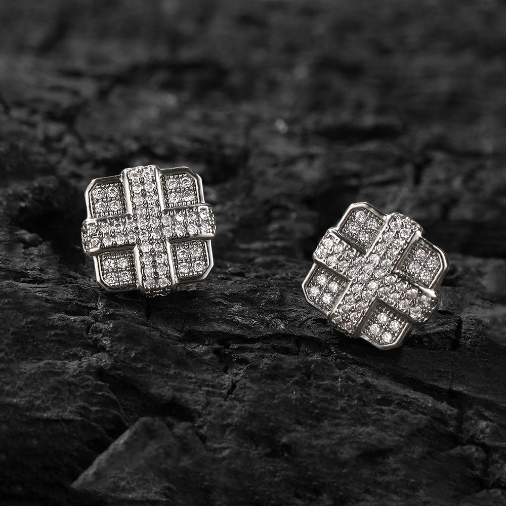 Iced Micropaved CZ Square Cross Stud Earrings