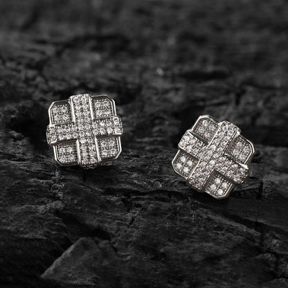 Iced Micropaved CZ Square Cross Stud Earrings