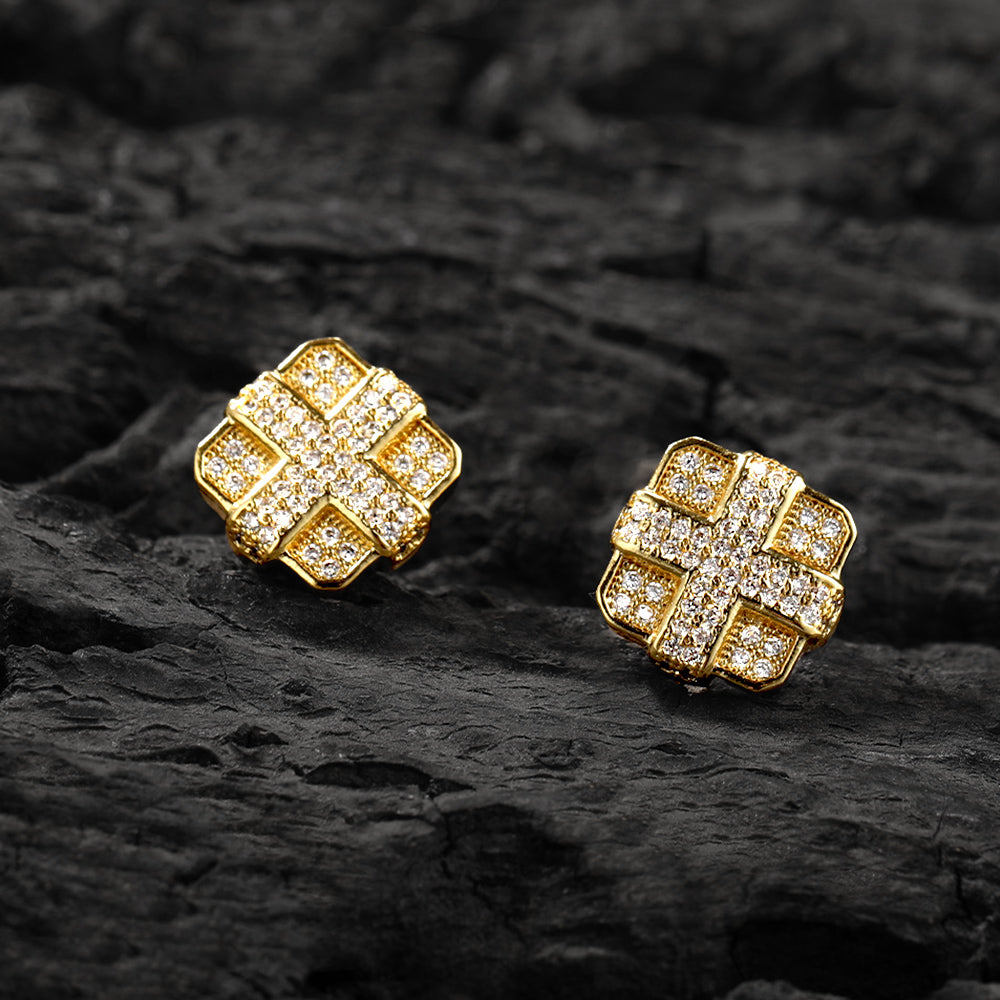 Iced Micropaved CZ Square Cross Stud Earrings