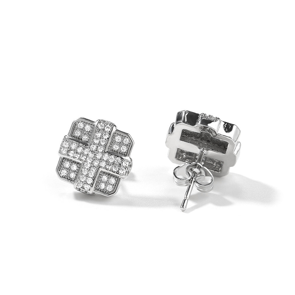 Iced Micropaved CZ Square Cross Stud Earrings