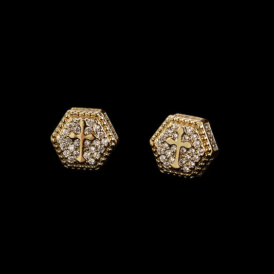 Iced Micropaved CZ Hexagonal Cross Stud Earrings