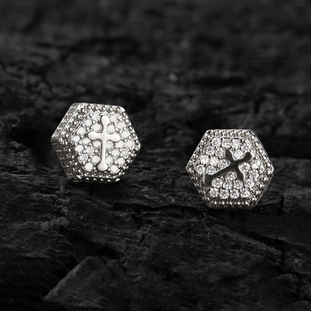 Iced Micropaved CZ Hexagonal Cross Stud Earrings