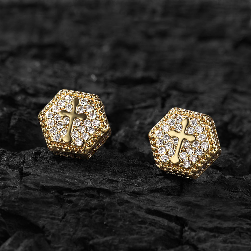 Iced Micropaved CZ Hexagonal Cross Stud Earrings