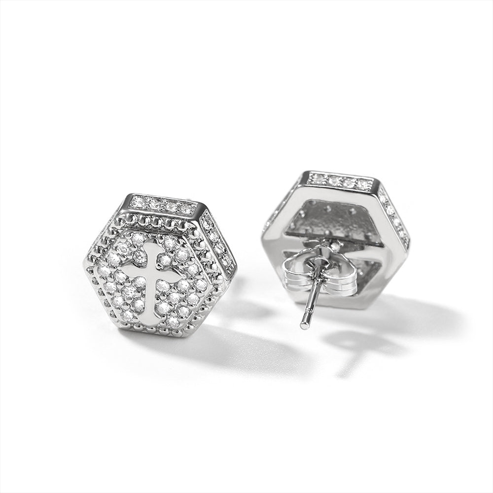 Iced Micropaved CZ Hexagonal Cross Stud Earrings