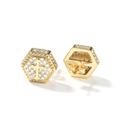 Iced Micropaved CZ Hexagonal Cross Stud Earrings