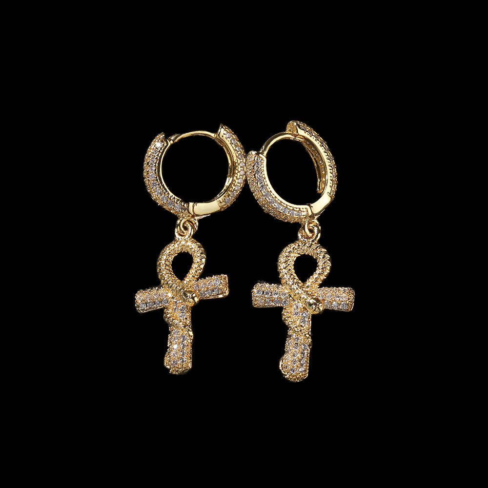 Iced Out Full CZ Angel Snake Cross Hoop Earrings