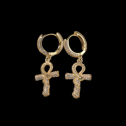 Iced Out Full CZ Angel Snake Cross Hoop Earrings