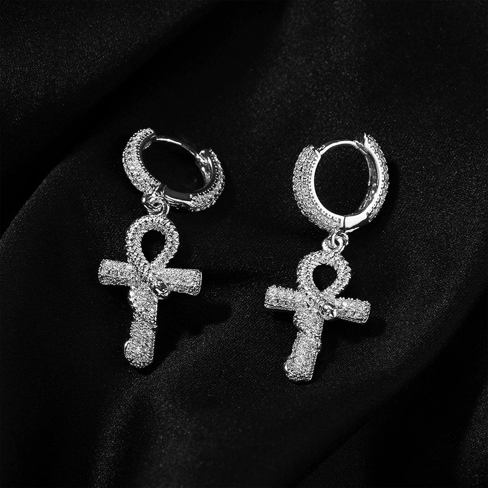 Iced Out Full CZ Angel Snake Cross Hoop Earrings