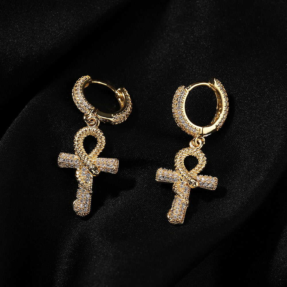 Iced Out Full CZ Angel Snake Cross Hoop Earrings