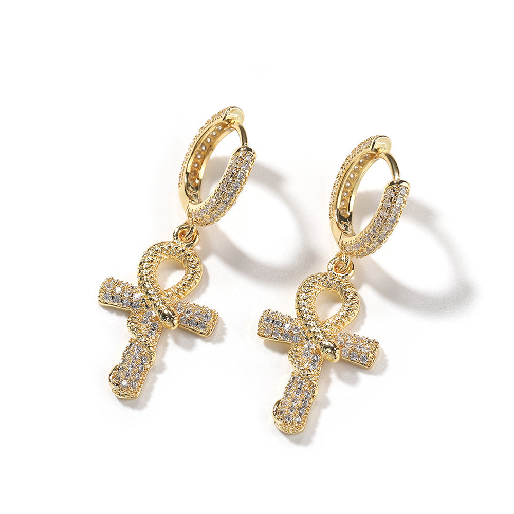 Iced Out Full CZ Angel Snake Cross Hoop Earrings