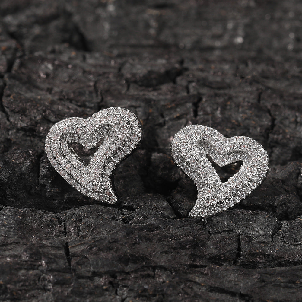 Iced Out Full CZ Hollow Heart Stud Earrings