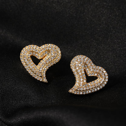 Iced Out Full CZ Hollow Heart Stud Earrings