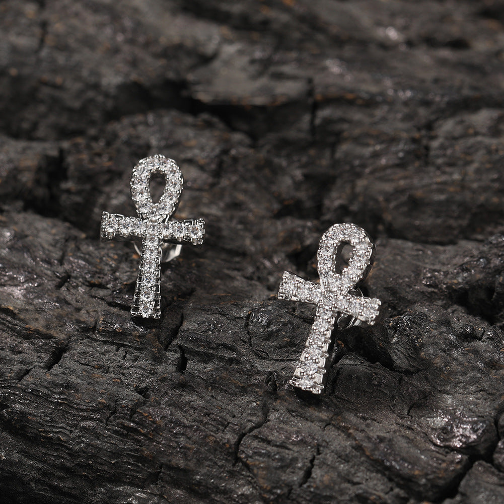 Iced Micropaved CZ Ankh Cross Stud Earrings