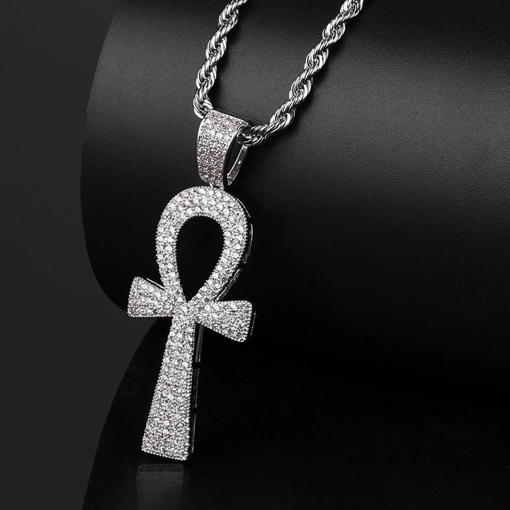 Iced Out Full CZ Ankh Cross Pendant Necklace