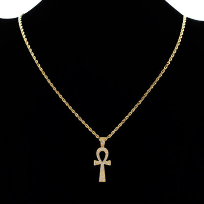 Iced Out Full CZ Ankh Cross Pendant Necklace