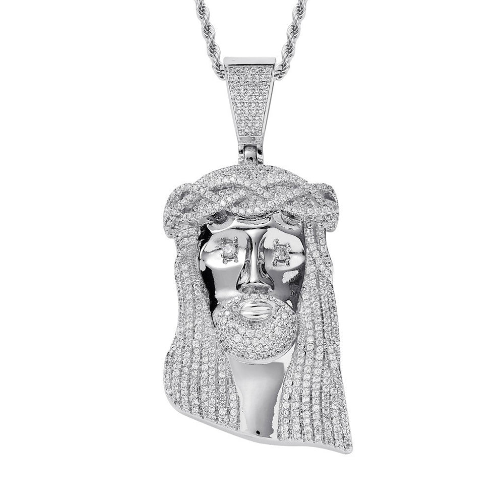 Iced Micropaved CZ Jesus Head Pendant Necklace