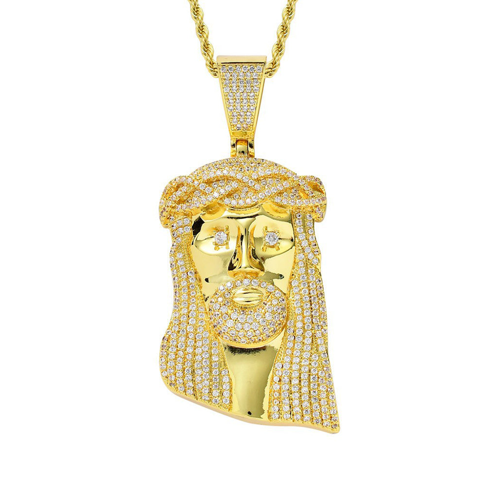 Iced Micropaved CZ Jesus Head Pendant Necklace