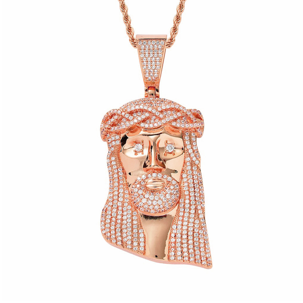 Iced Micropaved CZ Jesus Head Pendant Necklace