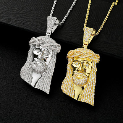 Iced Micropaved CZ Jesus Head Pendant Necklace