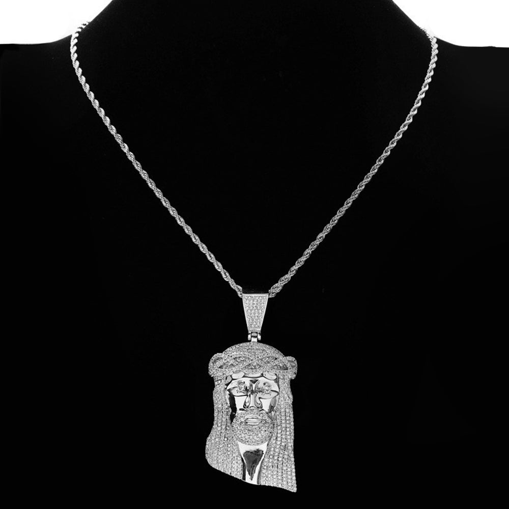 Iced Micropaved CZ Jesus Head Pendant Necklace