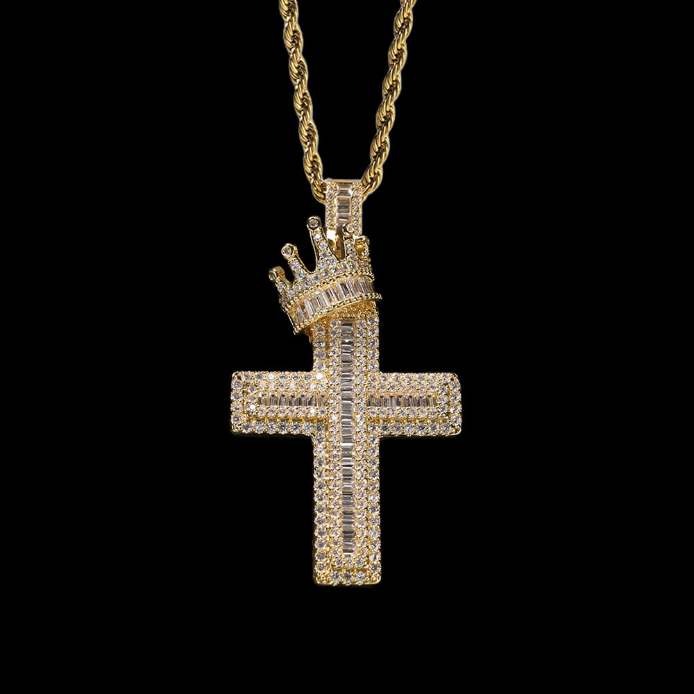 Iced Out Full CZ Crown Cross Pendant Necklace