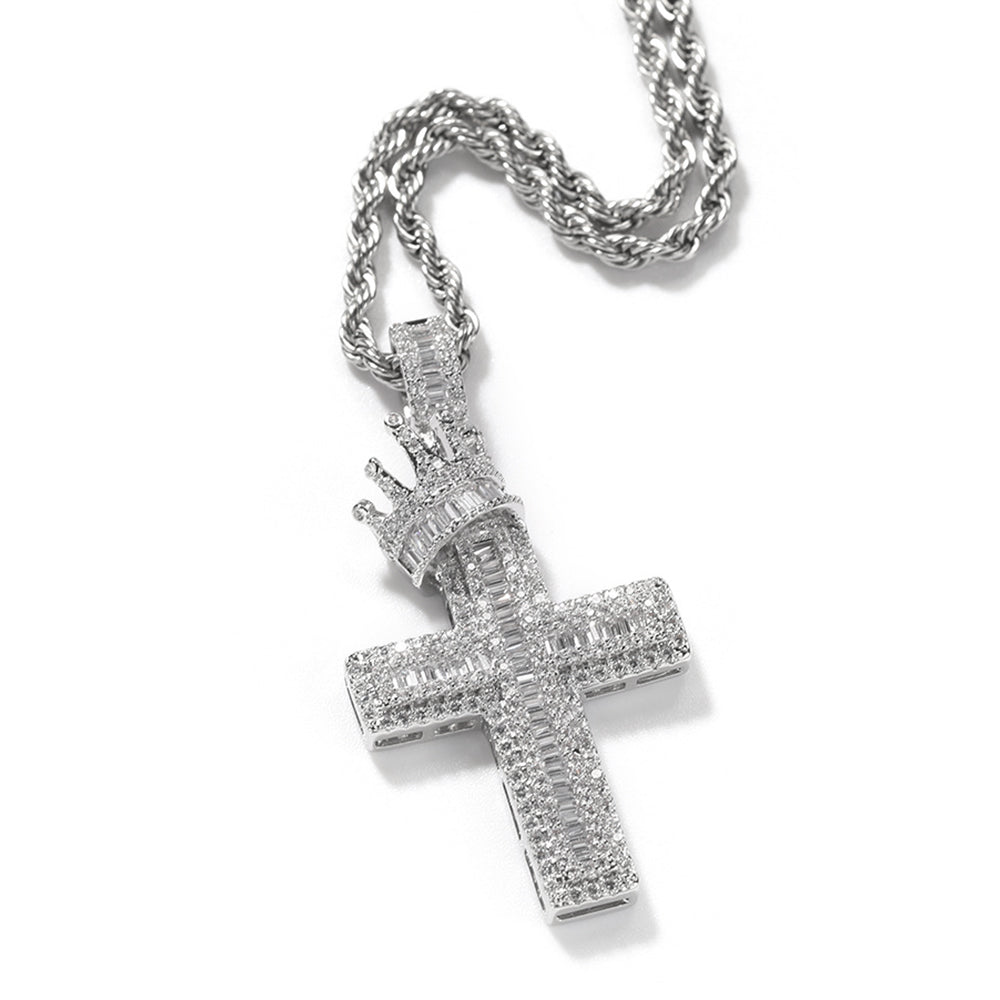 Iced Out Full CZ Crown Cross Pendant Necklace