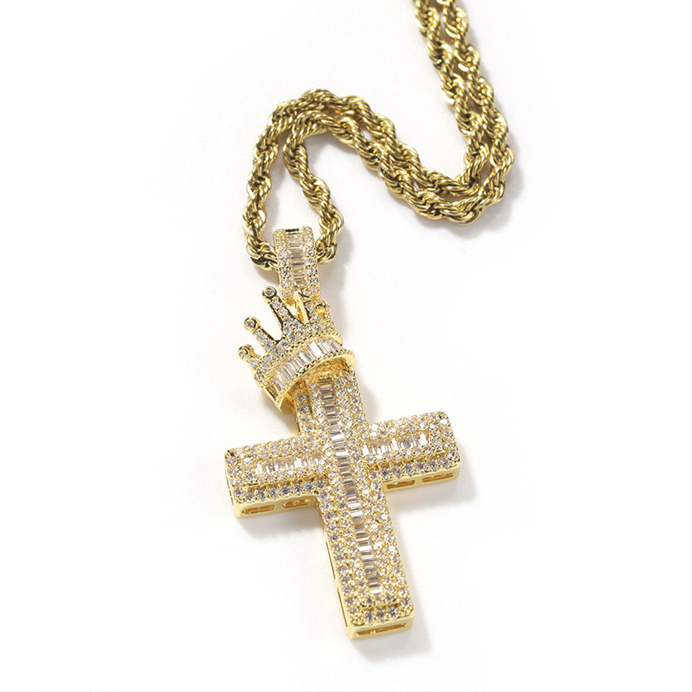 Iced Out Full CZ Crown Cross Pendant Necklace