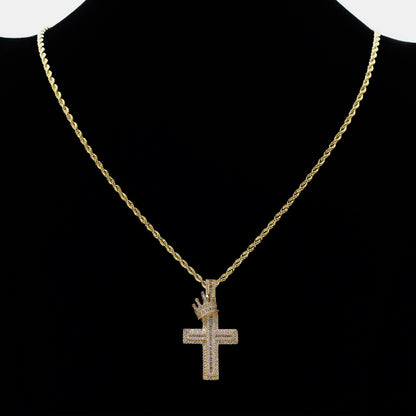 Iced Out Full CZ Crown Cross Pendant Necklace