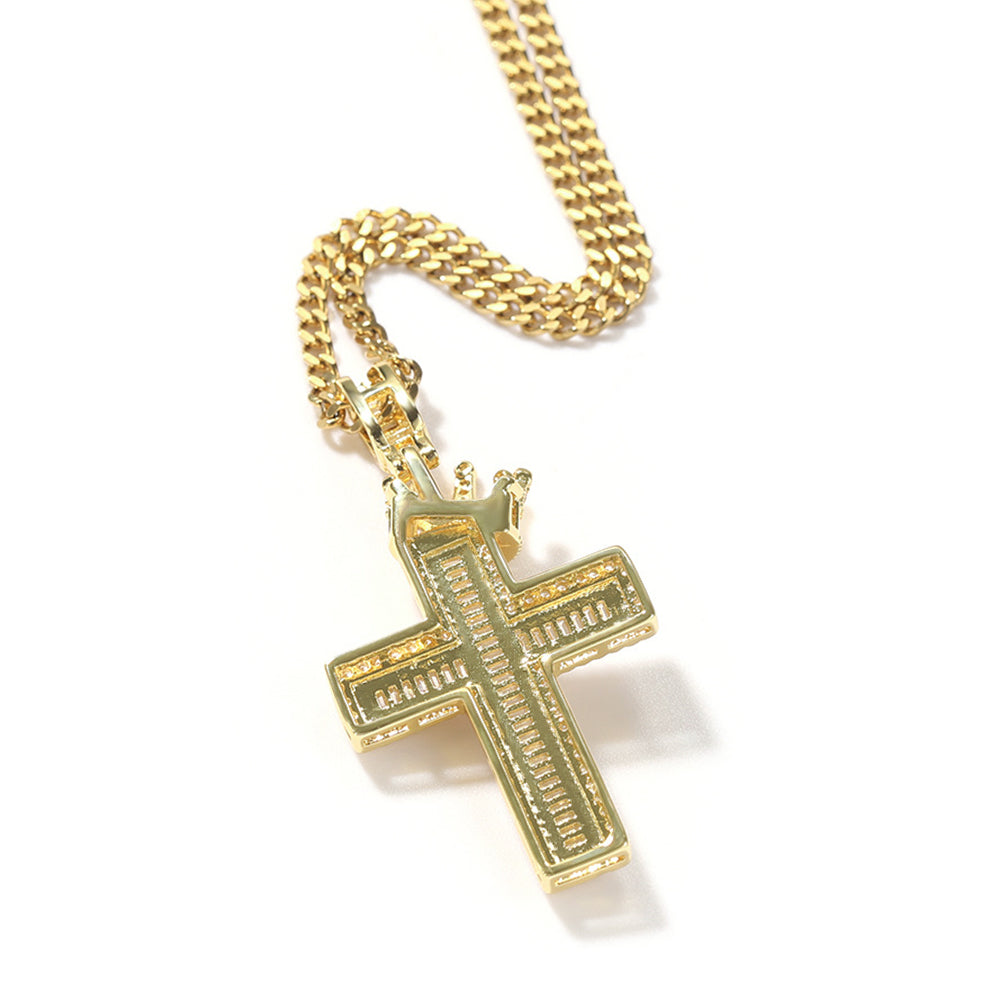 Iced Out Full CZ Crown Cross Pendant Necklace