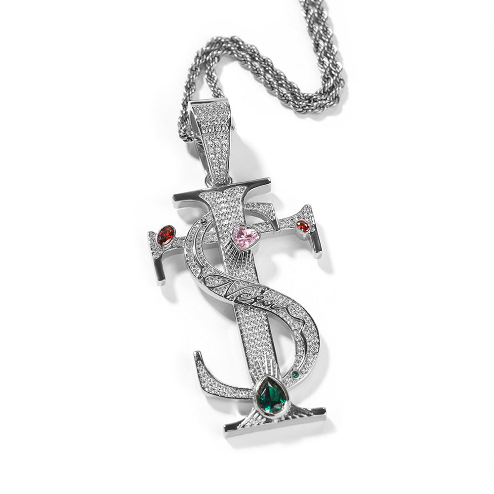 Iced Out Multicolor CZ Stone Cross Pendant Necklace