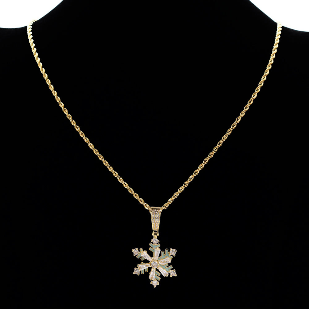 Iced Out Winter Rotating Snowflake luminous Pendant Necklace