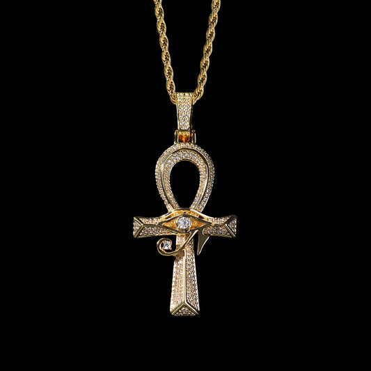 Iced Out Full CZ Eye of Horus Ankh Cross Pendant Necklace