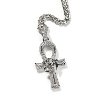 Iced Out Full CZ Eye of Horus Ankh Cross Pendant Necklace