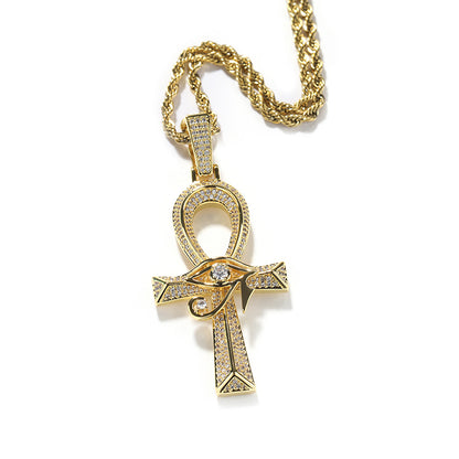 Iced Out Full CZ Eye of Horus Ankh Cross Pendant Necklace