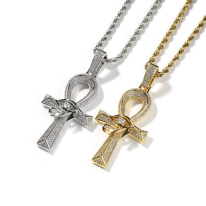 Iced Out Full CZ Eye of Horus Ankh Cross Pendant Necklace