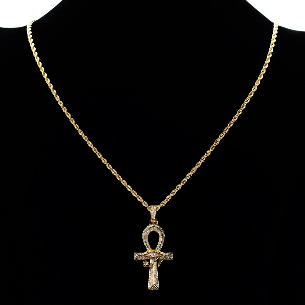 Iced Out Full CZ Eye of Horus Ankh Cross Pendant Necklace