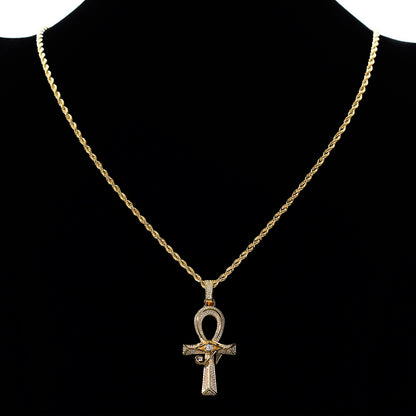 Iced Out Full CZ Eye of Horus Ankh Cross Pendant Necklace