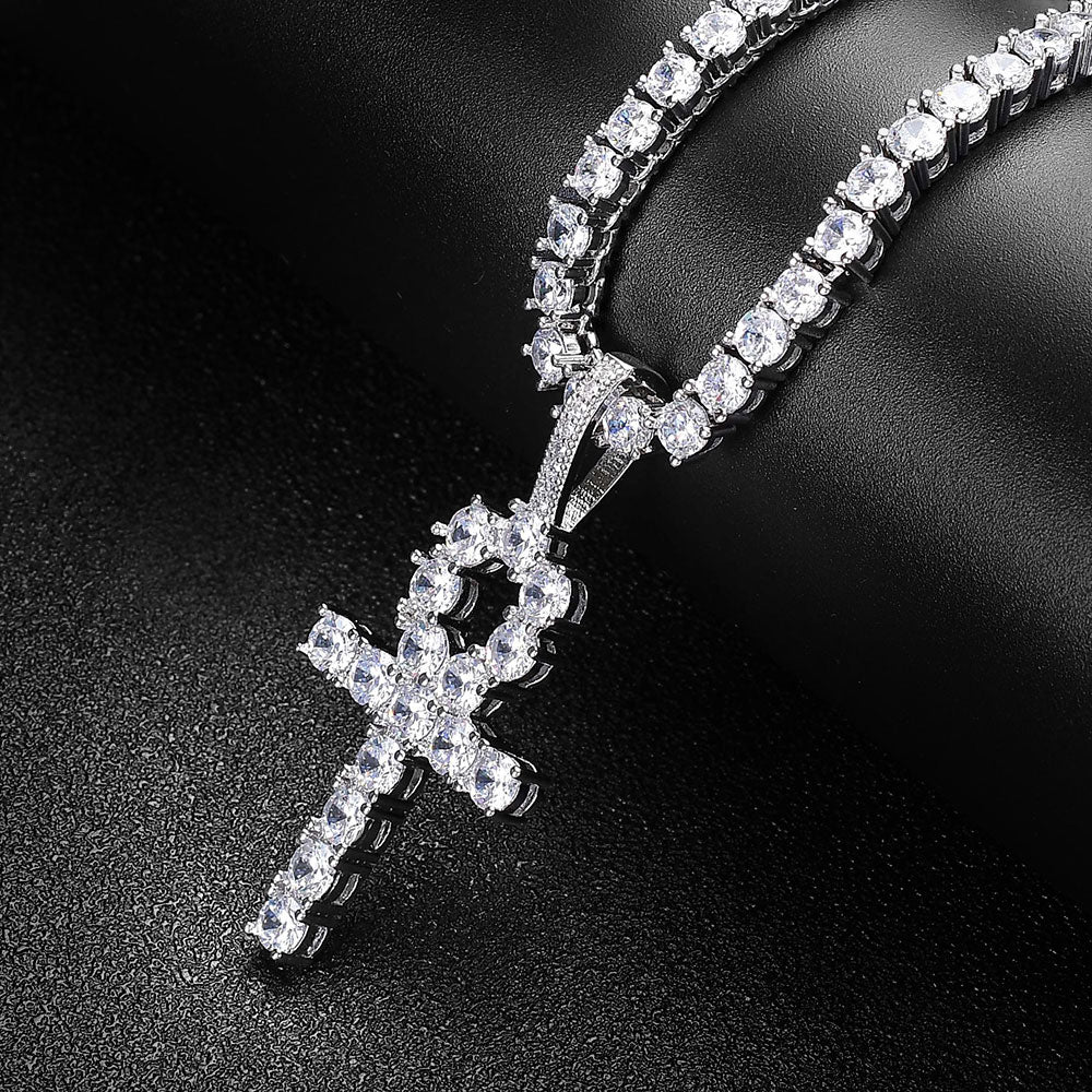 Iced Micropaved CZ Ankh Cross Pendant Necklace