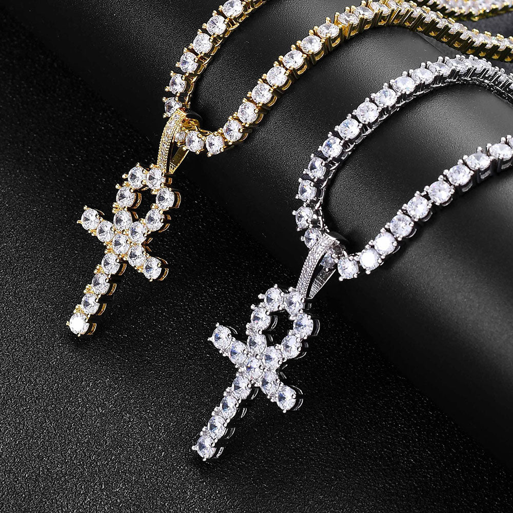 Iced Micropaved CZ Ankh Cross Pendant Necklace